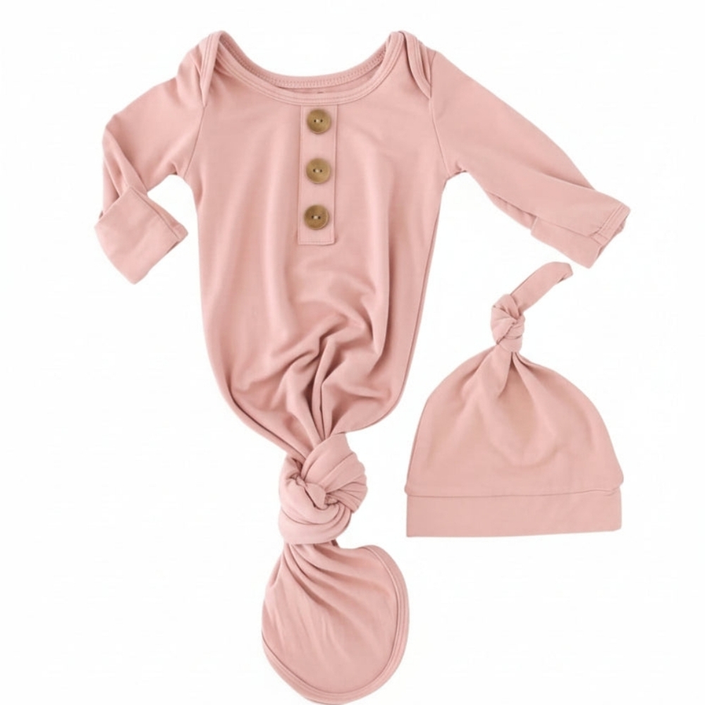 Pink Knotted Baby Gown and Hat Set